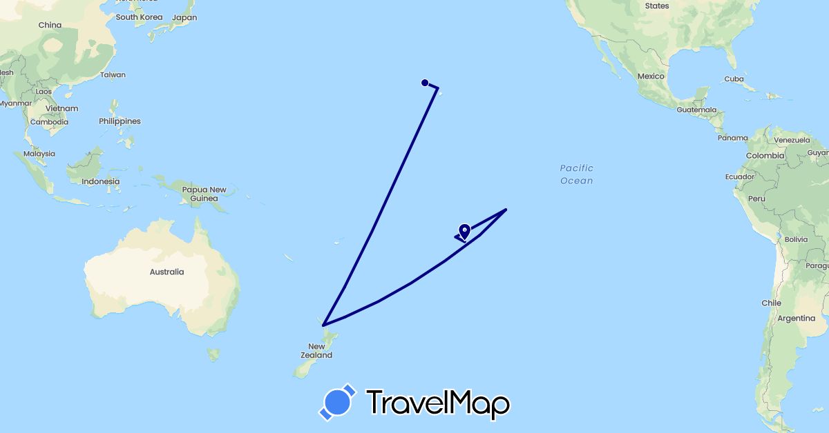 TravelMap itinerary: driving in France, New Zealand, United States (Europe, North America, Oceania)
